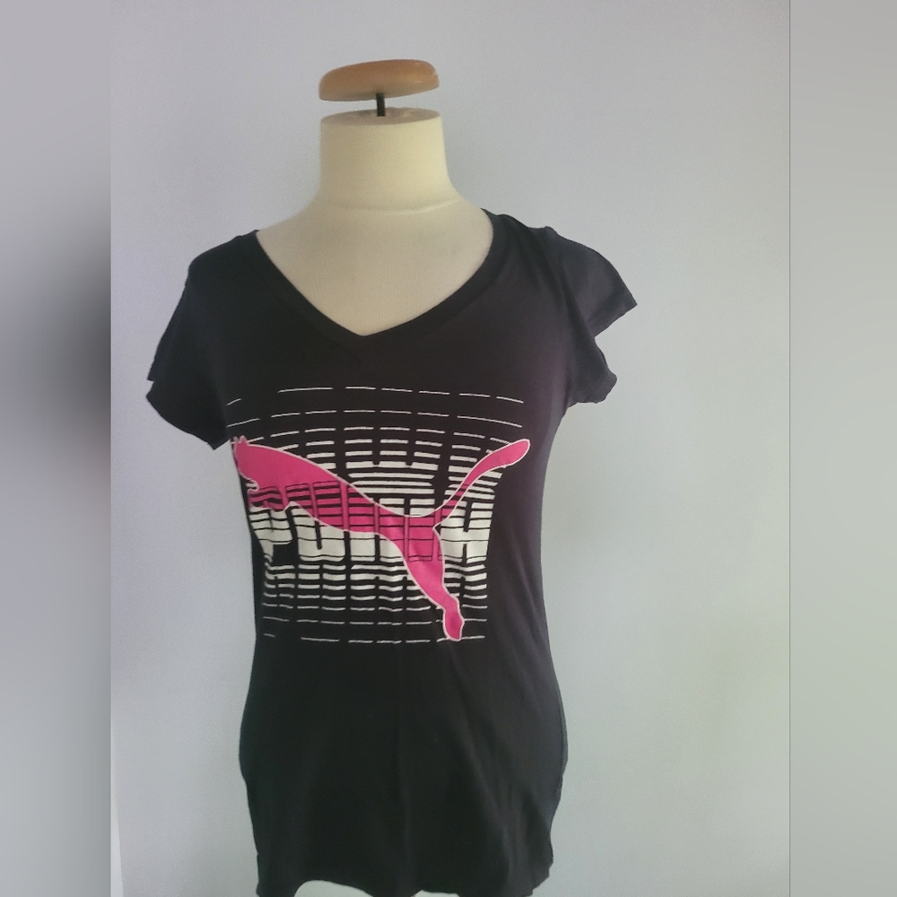 Puma Women's Black and Pink Graphic Tee Size L